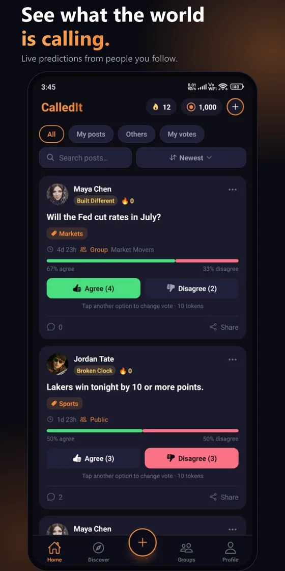 The CalledIt feed showing predictions posted by friends with agree and disagree vote buttons