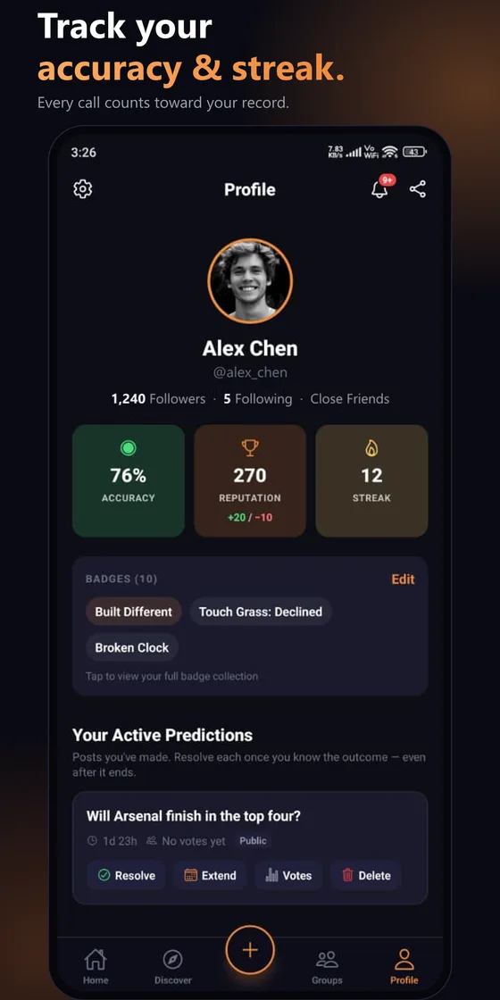 A CalledIt profile page showing a user's accuracy percentage, streak and earned badges